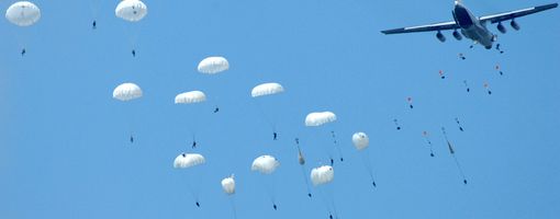 Российские и египетские десантники выполнили "прыжок дружбы", обменявшись парашютами